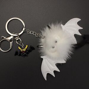 White Furry Bat Keychain Charm with Mini Bat Accent